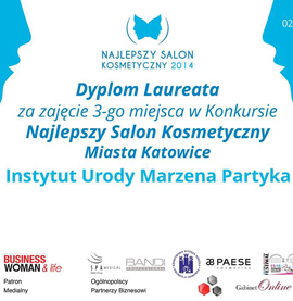 Dyplom za zajęcie 3-go miejsca w konkursie Najlepszy Salon Kosmetyczny Miasta Katowice